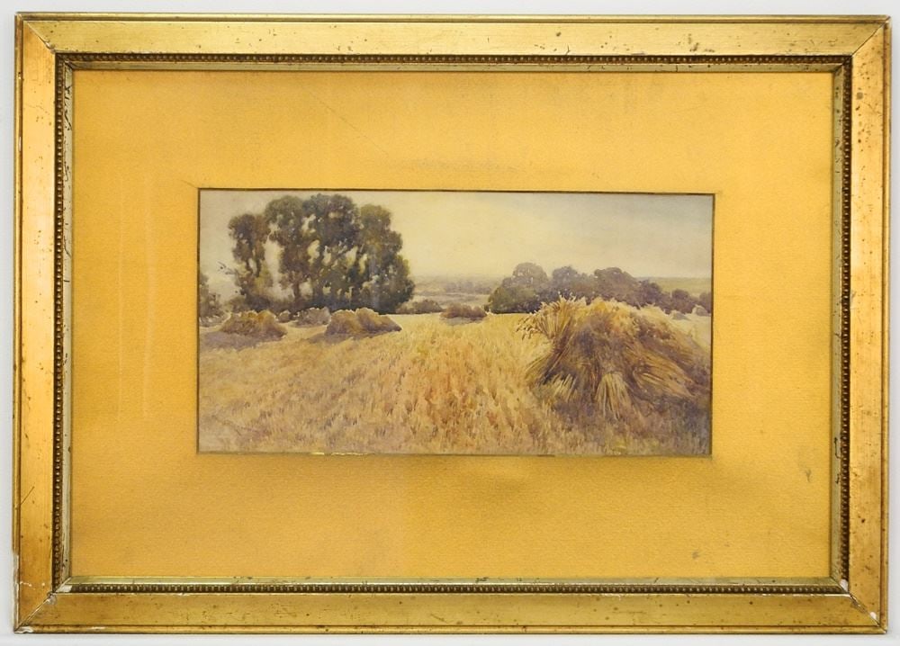 Watercolour Signed Claude (Hamilton) Rowbotham, 5 3/4" x 11 1/8", "Stooks".: Watercolour Signed Claude (Hamilton) Rowbotham, 5 3/4" x 11 1/8", "Stooks".