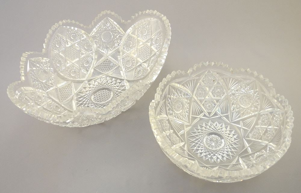 Two Brilliant Cut Crystal Bowls, 8 1/4" & 11 1/2" Wide, Nibbled Rims. (1 of 3)