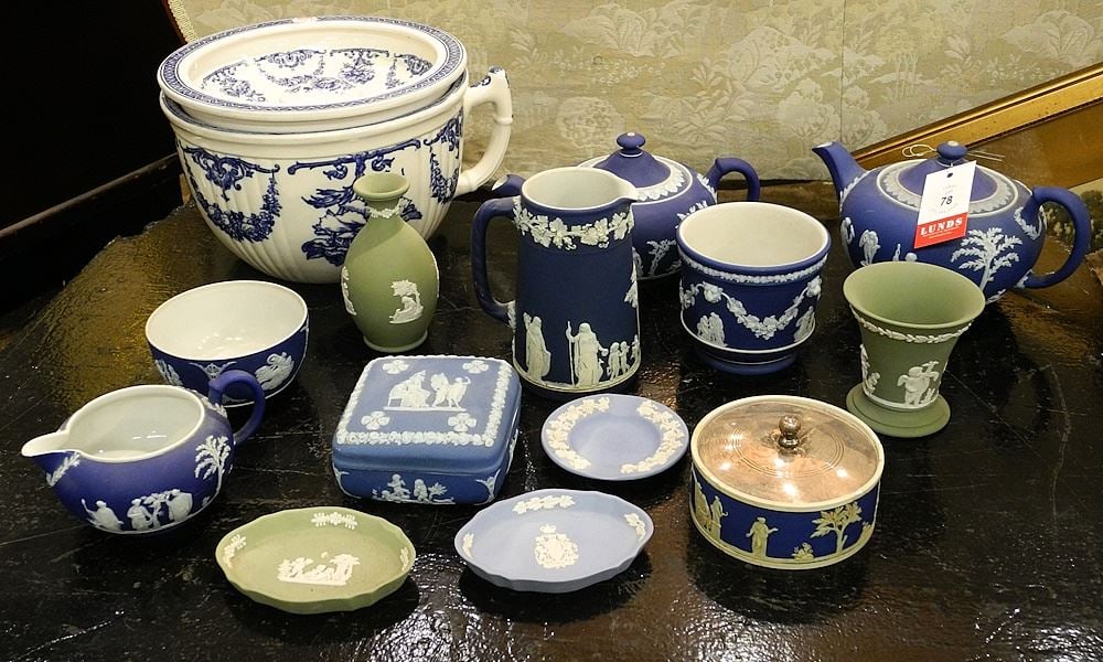 Collection of Wedgwood Jasperwares and a Blue & White Chamber Pot. (1 of 1)