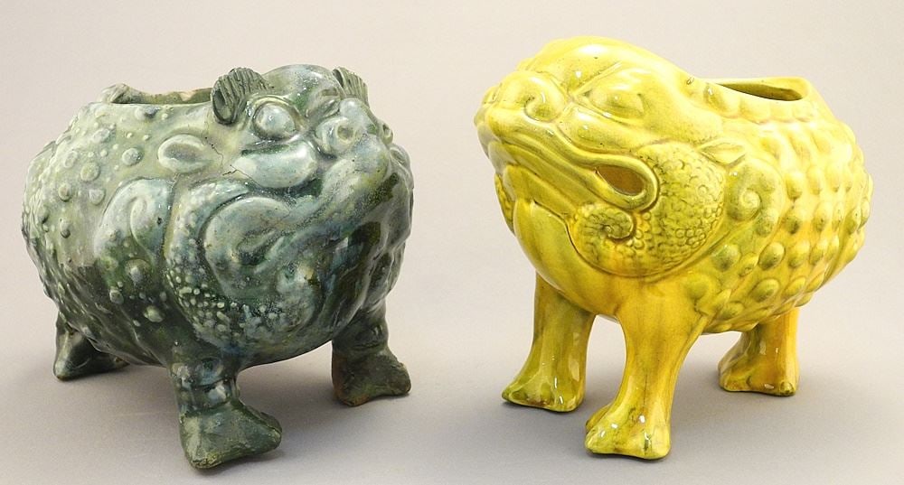 2 Wardle England Grotesque Toad Spoon Warmers, 5 1/2 & 6" (Green cracked 7 restored). (1 of 5)