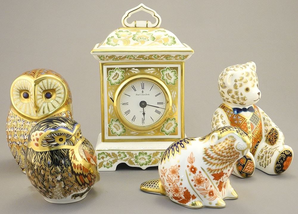 Royal Crown Derby Table Clock & 4 Paper Weights, 3-7 1/8"H. (1 of 5)