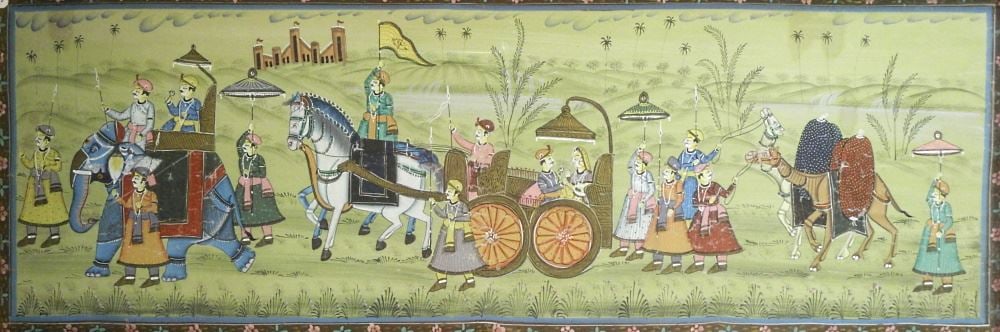 South Asian Pigment on Textile, 12 3/4" x 37 3/4", "Processional Scene". (1 of 3)