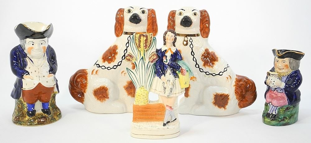 Collection of Staffordshire Wares; 2 Toby Jugs 7-11"h./ Spaniels / Flatback. (1 of 5)