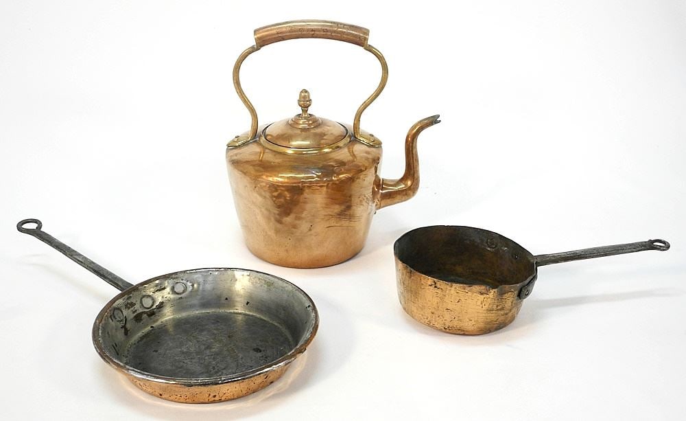 19th Century Copper Kettle & 2 Pans, 10-17" L. (1 of 3)
