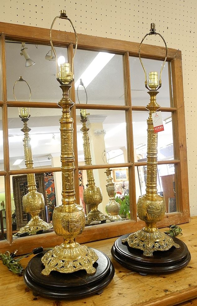 Pair of Southeast Asian Brass Lamps on Stands - no shades, 26 1/4" h. (1 of 4)