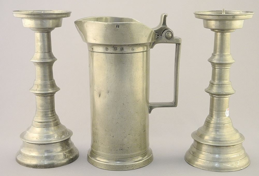 1 Litre Pewter Measure Signed Legrand a Lille with Pair of Pricket Candlesticks. (1 of 6)