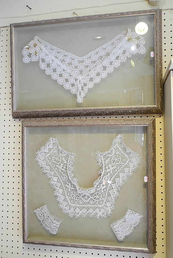 Collection of Lace Garments in Shadow Boxes.: Collection of Lace Garments in Shadow Boxes.