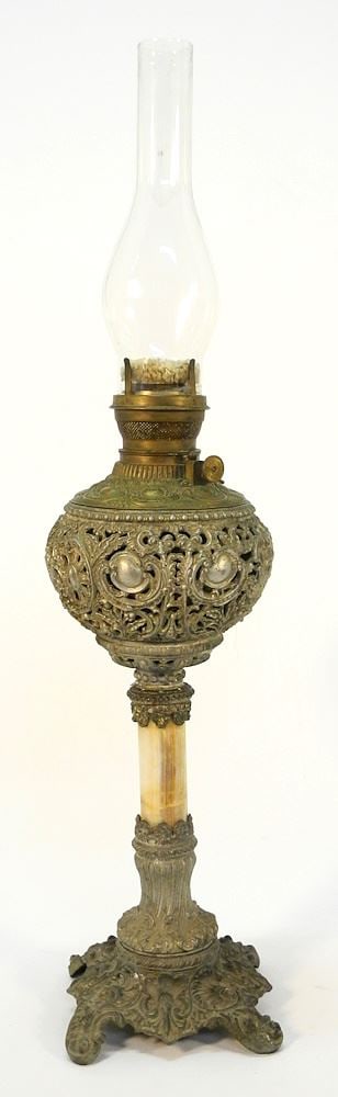 American P&A (Plume & Atwood Est. 1871) Silver Plated and Onyx Banquet Lamp, 30 1/2" with Chimney (1 of 7)