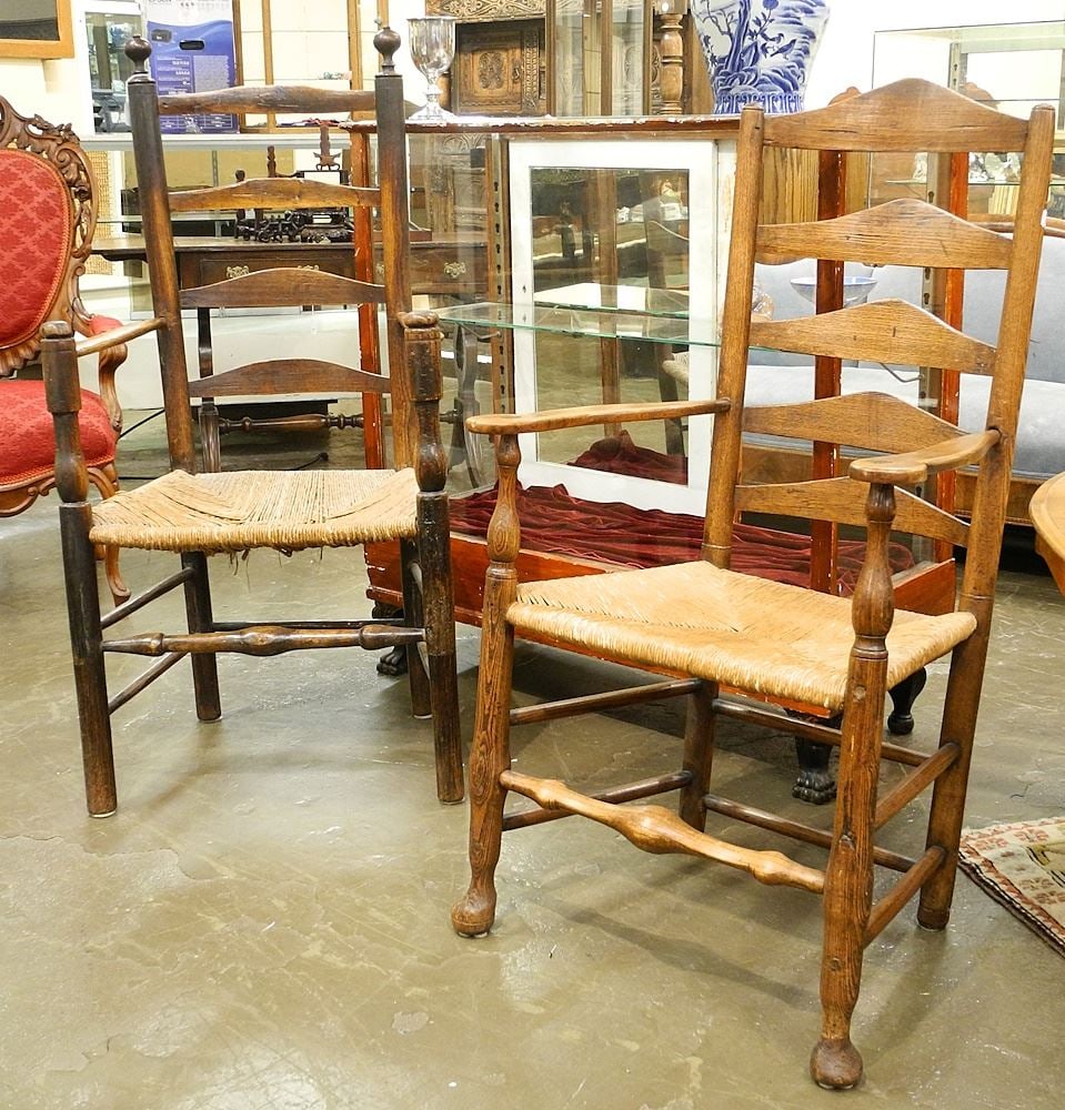Two Rush seat oak Armchairs, 44' & 48 1/4" h. (1 of 7)