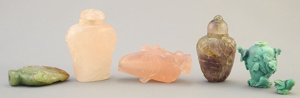 5 Chinese Hardstone Snuff Bottles: 3 Quartz/ Turquoise/ Amethyst/, 1 3/4" - 2 3/4" High (1 of 2)
