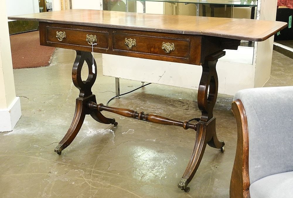 Regency Style String Inlaid Mahogany Sofa Table, 36 1/4" Wide. (1 of 4)