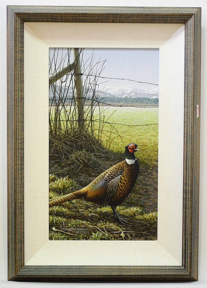 Acrylic on Board signed W.Allan Hancock, 12 3/4" x 7 1/2", "Fenceline Pheasant". (1 of 4)