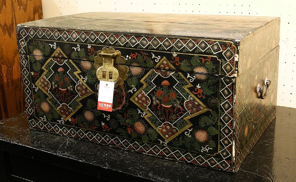 Chinese Painted Leather Chest, 12 1/8" x 24 3/4" x 16 1/8", (some splitting noted). (1 of 6)