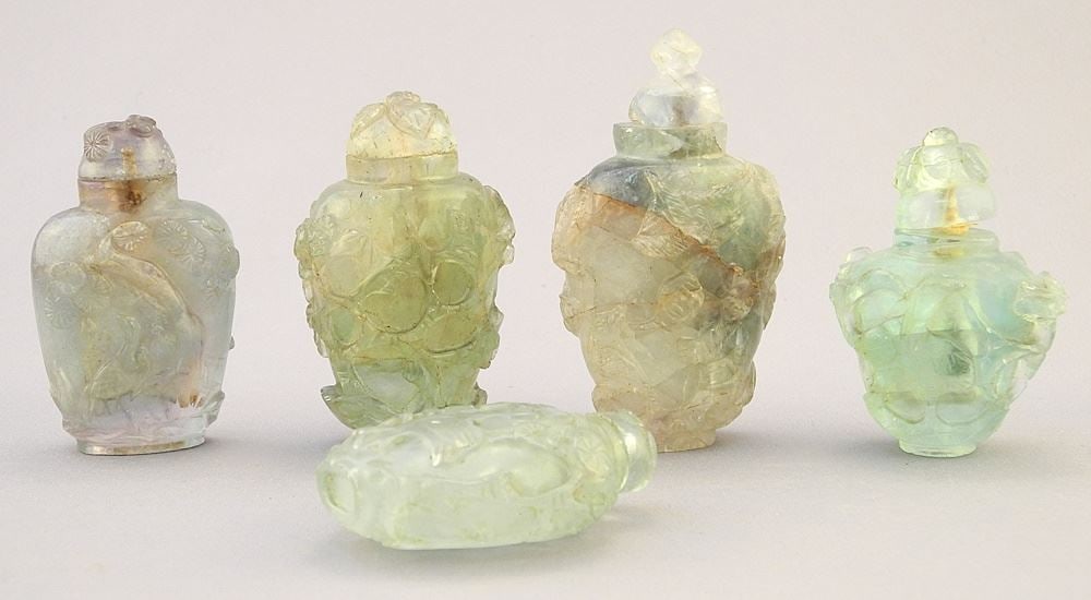 5 Chinese Green Quartz Snuff Bottles, 2 1/8" - 2 3/4" High (1 of 2)