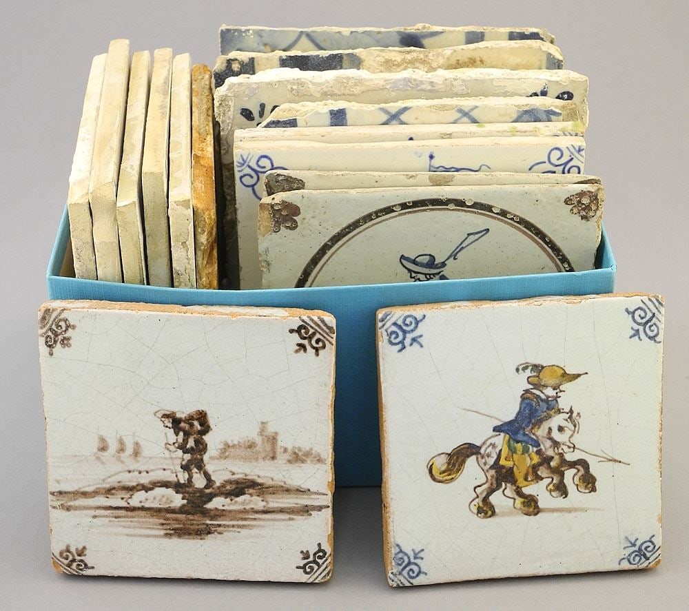 Collection of Antique Dutch & Portuguese Tiles, 18 pcs, 4 x 4" - 5 1/2 x 5 1/2". (1 of 4)