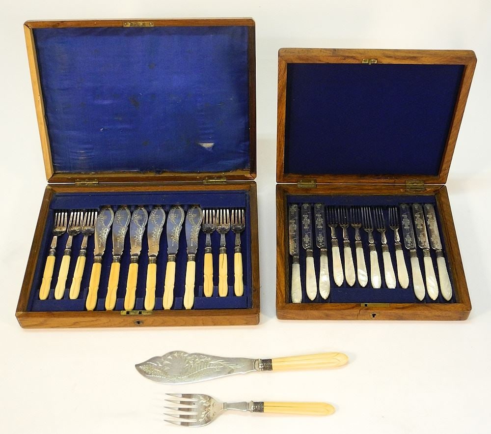 Two Silver Plate Cutlery Services: Fruit & Fish, 14 3/8" & 11 1/2" wide. (1 of 5)