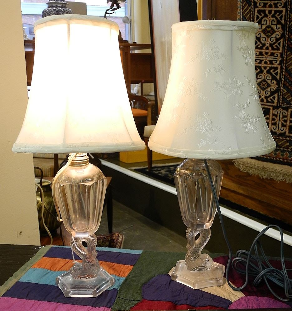 Pair of Molded Glass "Florentine Dolphins" Bedside Lamps, 17 1/4". (1 of 1)