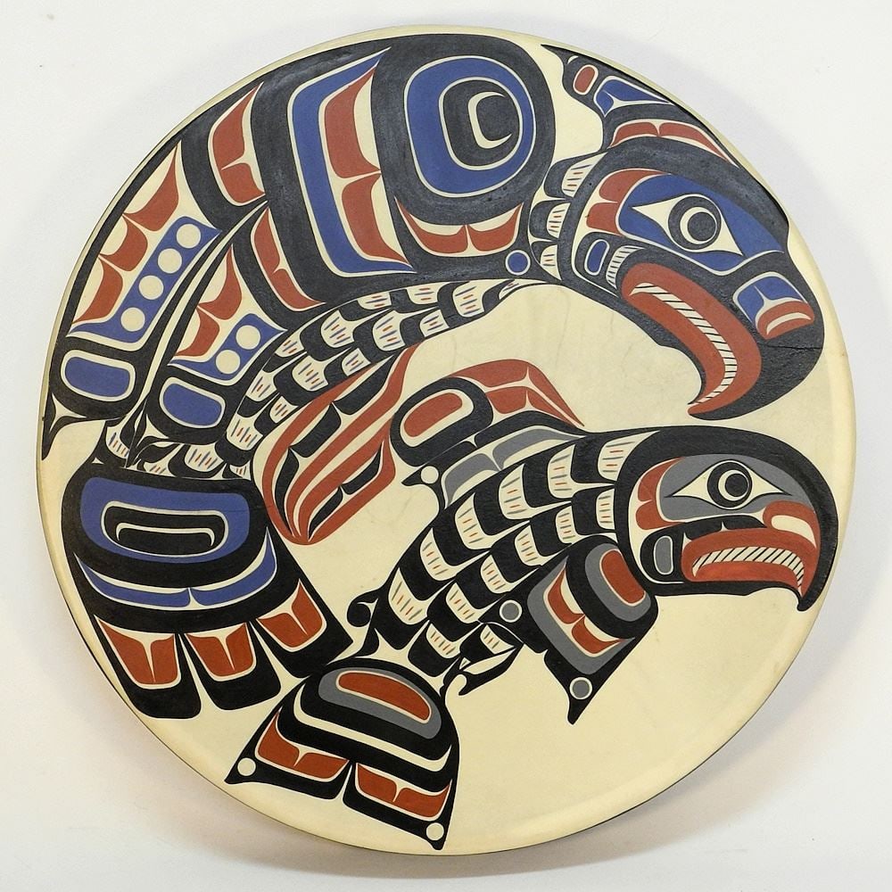 Kwagiulth Drum signed E.A.Hunt, 24 3/4", "Eagle & Salmon". (1 of 3)