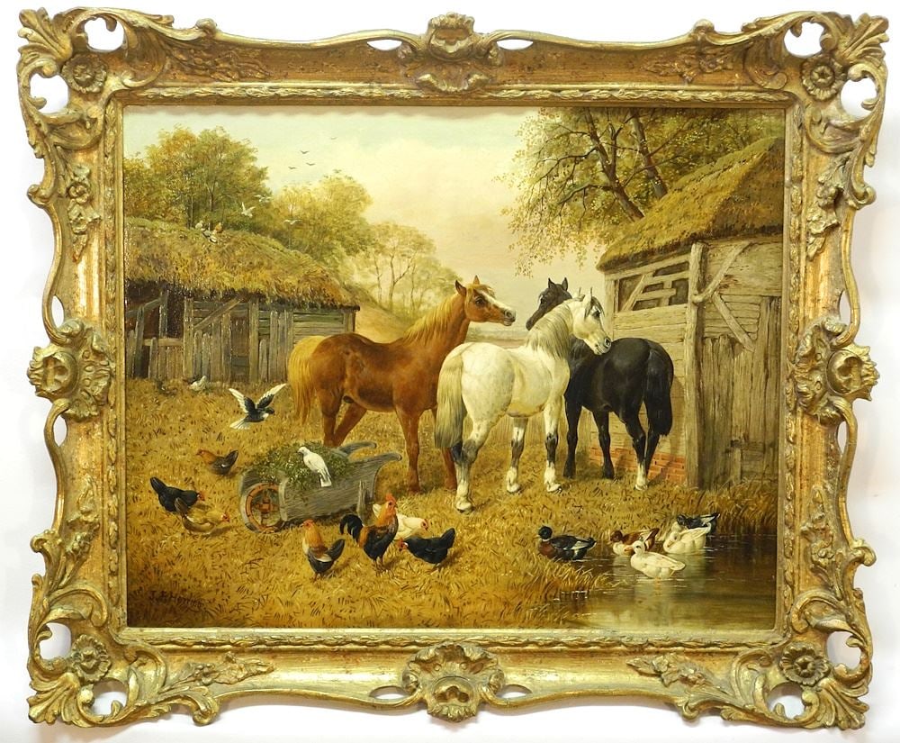 Oil on Canvas signed J.F. (John Frederick) Herring, 15 1/2 x 19 1/2" "Three Horses". (1 of 17)