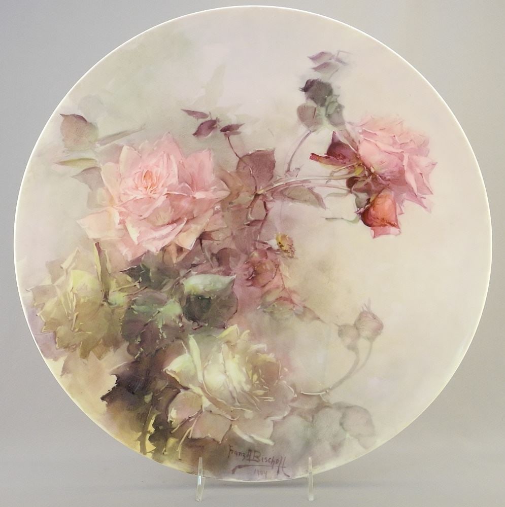 Porcelain Charger signed Franz A. Bischoff 1904, 16" Diam., "Rose Study". (1 of 15)