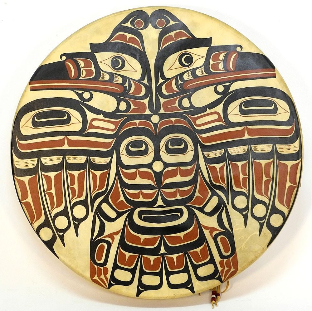 Kwagiulth Drum signed E.A.Hunt, 24 1/2", "Hamatsa Raven". (1 of 2)