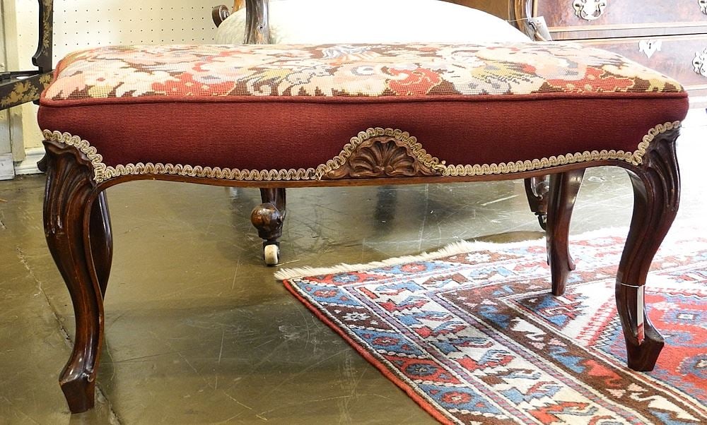 Gloss Mahogany Cabriole Leg Needlepointed Footstool, 16 1/2" x 32" x 14 1/4". (1 of 4)