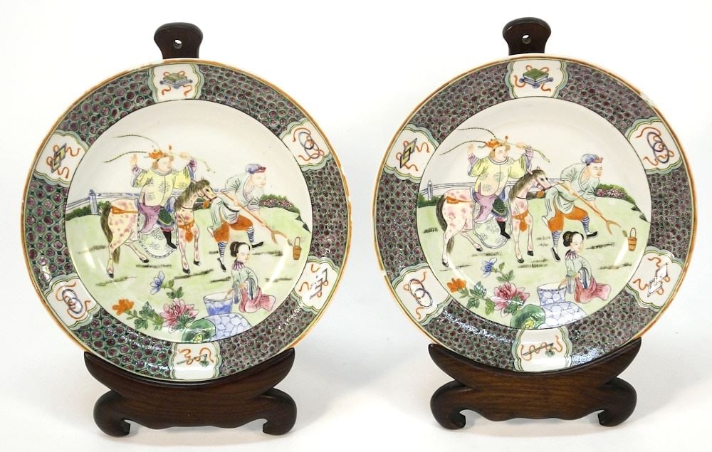 Pair of Chinese Famille Rose 9 3/4" Diam. Porcelain Figure on Horseback Dishes (nibbed edges noted (1 of 6)