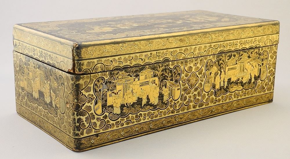 Mid 19th C. Cantonese Inscribed Lacquer Games Box with Mother of Pearl Counters. (1 of 9)
