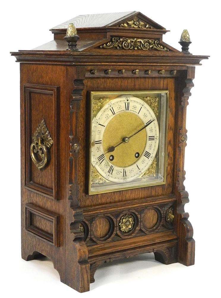 Aitchison Edinburgh Gothic Oak Mantle Clock, 16 7/8 x 10 x 7 3/4". (1 of 10)