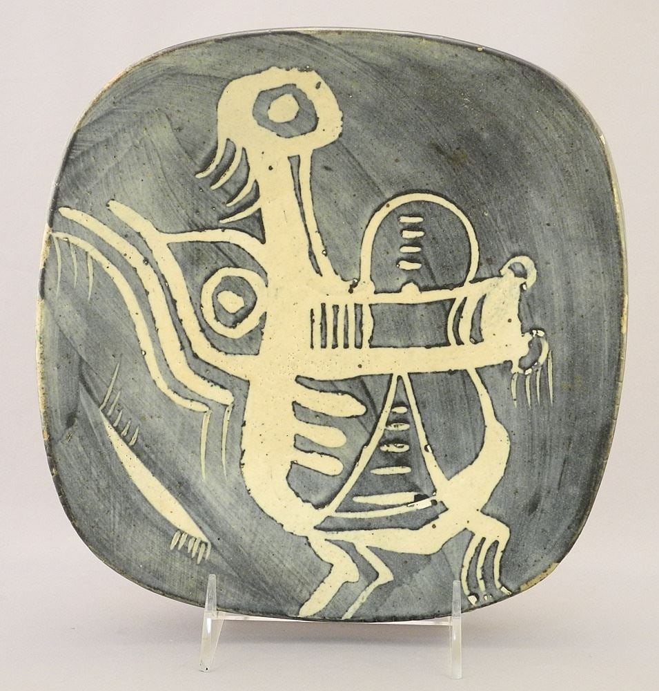 Stoneware Dish with Figurative Design with Impressed Mark by Wayne Ngan, 1/3/4 x 8 1/2 x 9".: Stoneware Dish with Figurative Design with Impressed Mark by Wayne Ngan, 1/3/4 x 8 1/2 x 9".