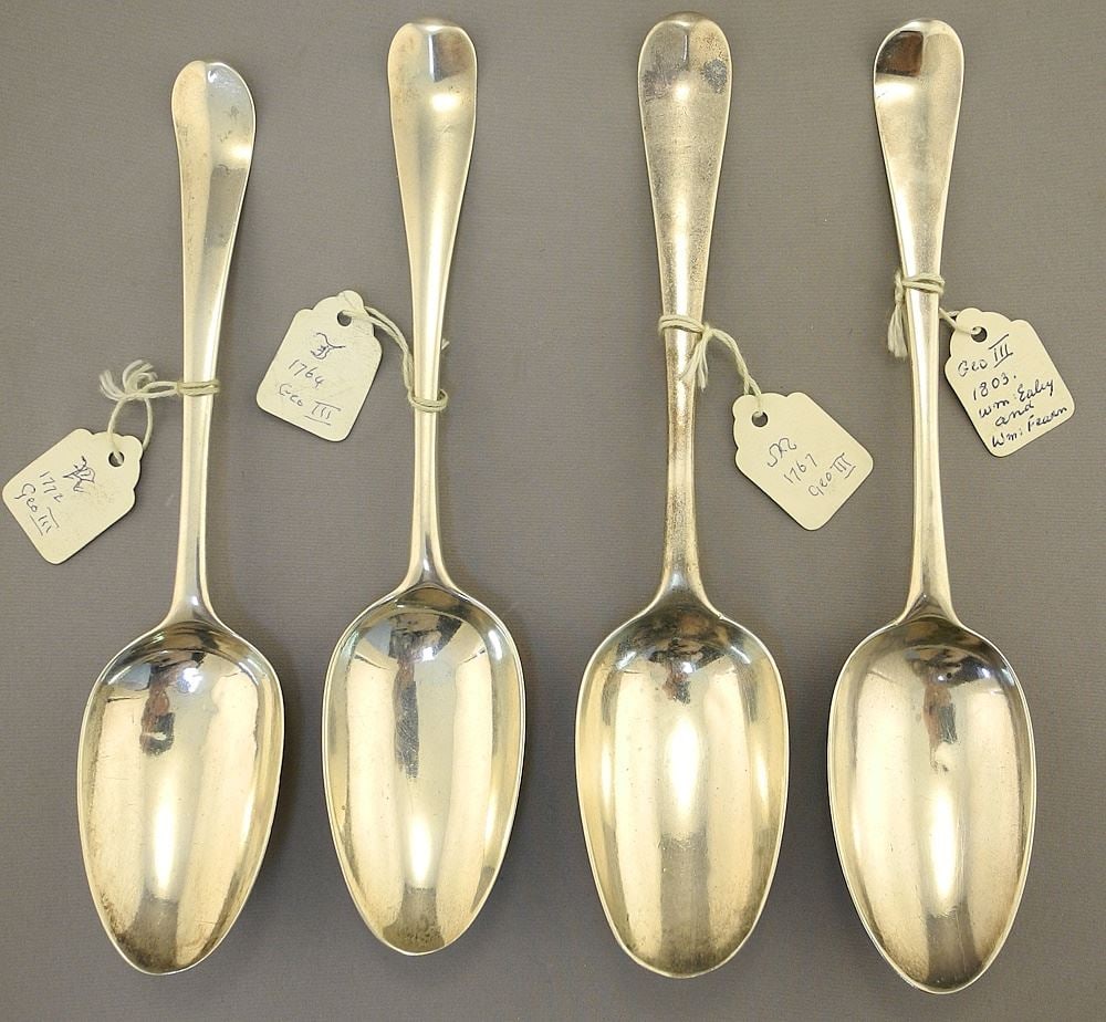 4 George III Hallmarked Silver Table Spoons: Various Makers / London, 8 - 8 1/4"L, 286 Grams. (1 of 6)