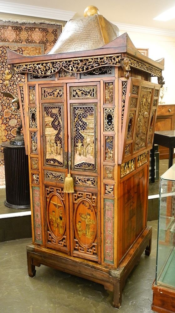 Chinese Giltwood Wedding Palanquin, 99 x 40 x 41".: Chinese Giltwood Wedding Palanquin, 99 x 40 x 41".