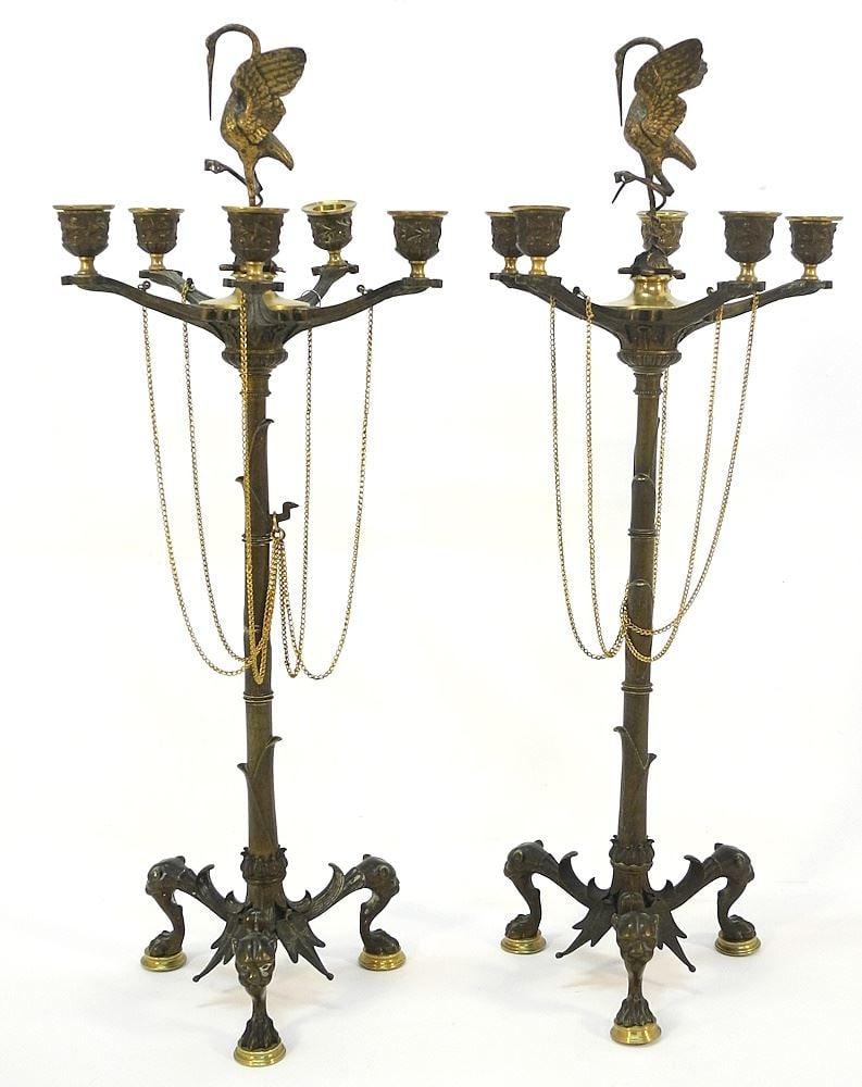 Pair of 19th Century French Bronze Crane Candleabra, 24 1/2" High, (1 of 8)