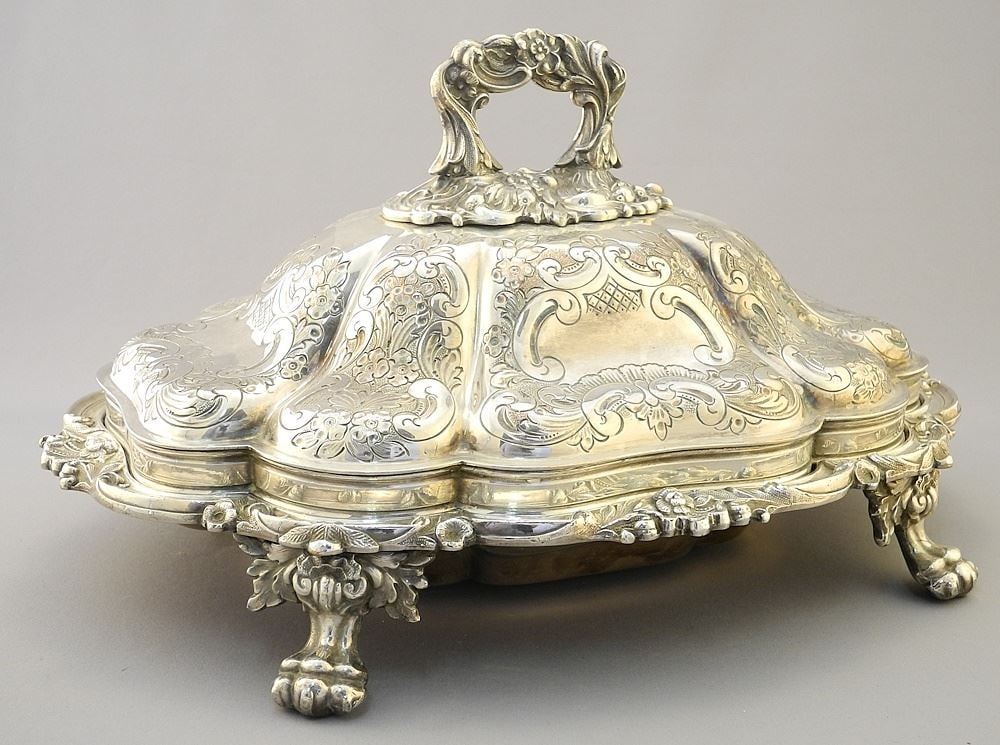 Victorian Sterling Mounted Silver Plated Entree Dish with Claw Feet, signed SM, 14 x 11". (1 of 10)