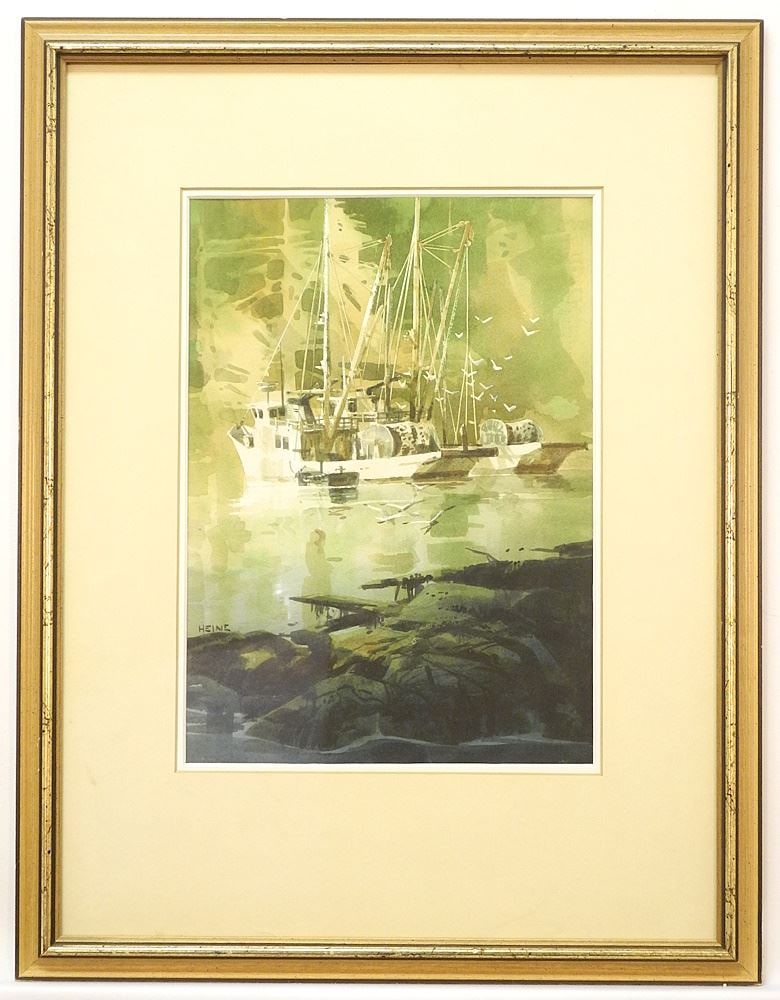 Watercolour signed Heine (Harry), 13 x 9 1/2", "Quiet Anchorage-Rivers Inlet". (1 of 5)