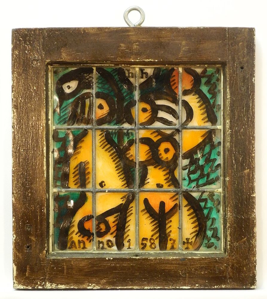 Leaded Glass Panel Attributed to Herbert Siebner, 11 1/4 x 10 1/4", "Anno 1587. (1 of 6)