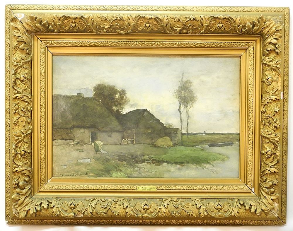 Watercolour signed J.H. (Johan Hendrik) Weissenbruch, 14 x 21 1/2", "Outside Farmhouse". (1 of 7)