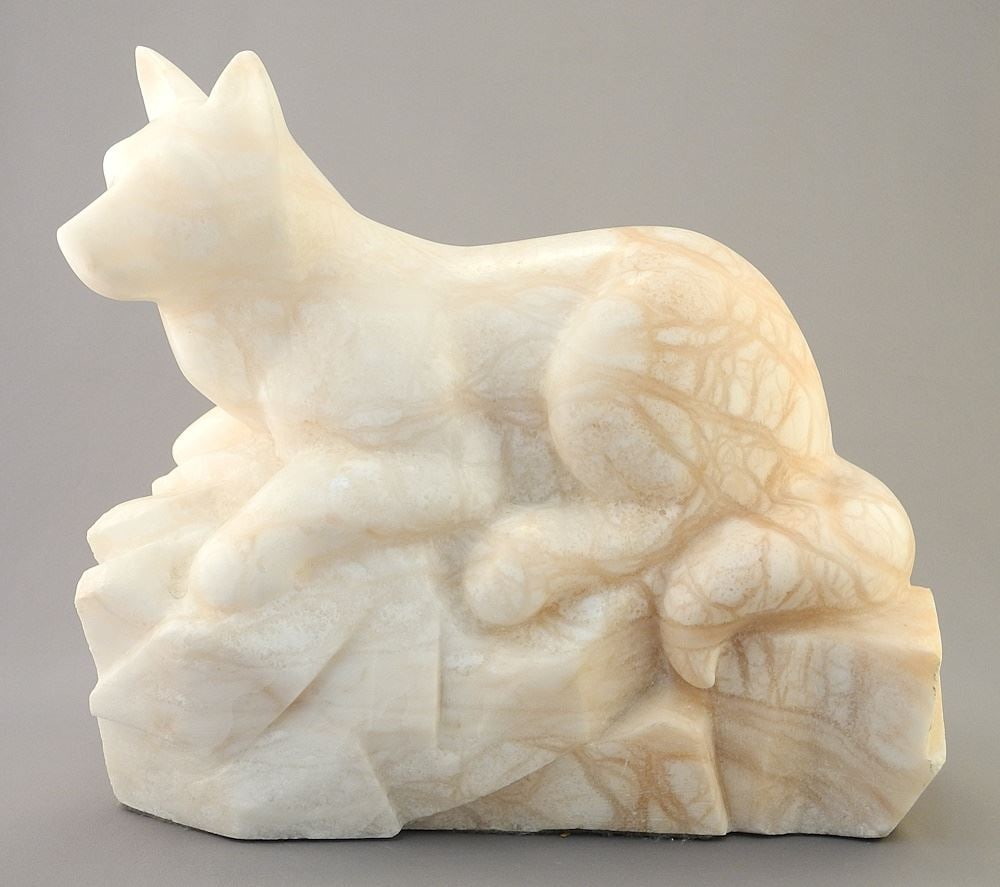 Alabaster Sculpture signed (Jarek) Lutastanski '96, 11 x 6 x 7", "Sitting Wolf" w/cert. (1 of 9)