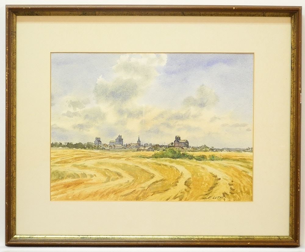 Watercolour signed E (Ernest) Luthi, 10 1/2 x 14 1/4", "Town Mill 3 Grain Elevators". (1 of 4)