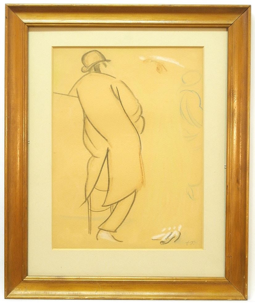 Charcoal & Coloured Crayon signed Boris Grigoriev, 14 x 10 1/2", "Man & Woman in Bar"-C.1913. (1 of 5)