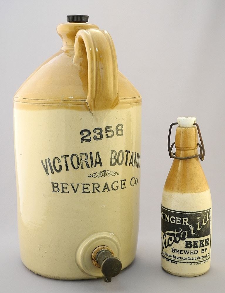 2 Victorian Stoneware Bottles: Old English Beverage & Victoria Botanic Beverage Co. (1 of 2)