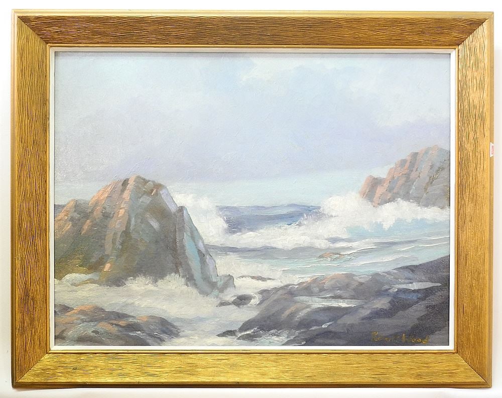 Oil on Board signed Robert Wood, 17 1/4" x 23 1/2", "Rocky Shorescape".: Oil on Board signed Robert Wood, 17 1/4" x 23 1/2", "Rocky Shorescape".