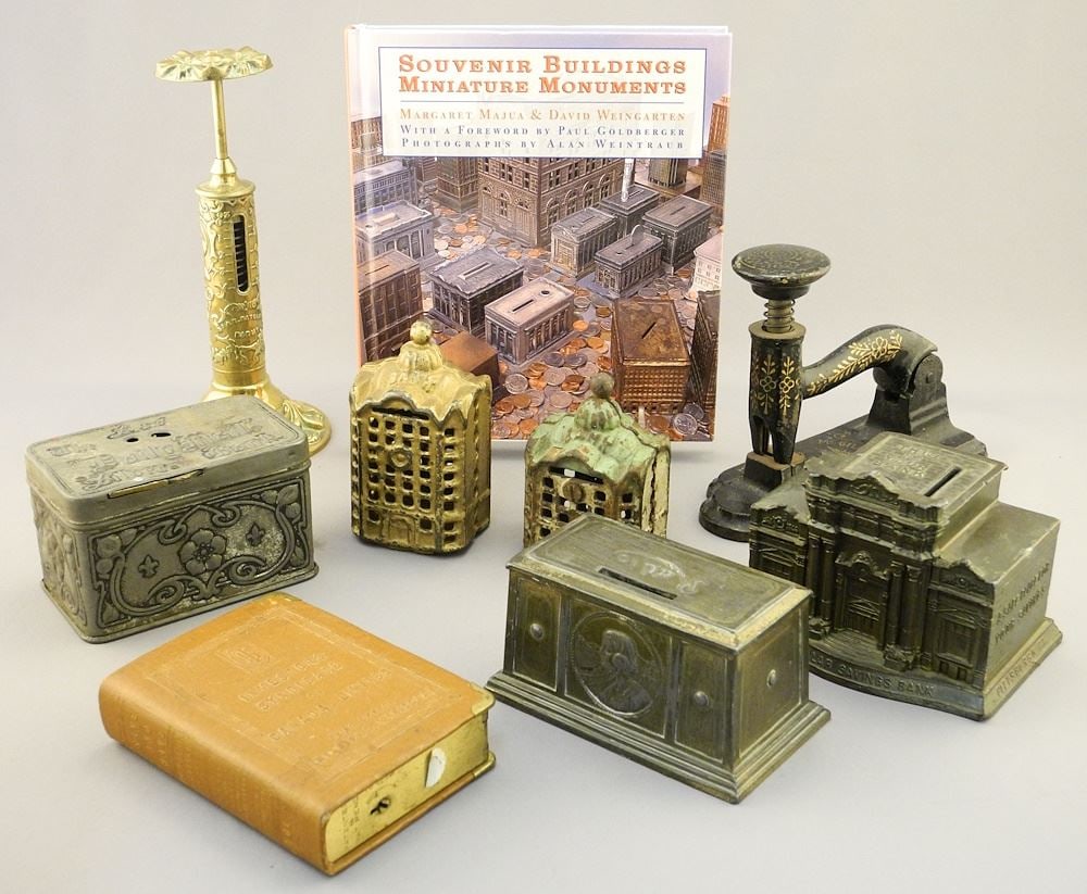 Collection of Architectural Coin Banks / Postal Scale / Stapler, 2 1/8 - 7 1/4"H. (1 of 4)