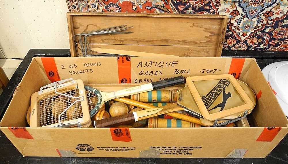 Vintage Croquet Set with 12 Vintage Tennis Rackets, as found (condition noted). (1 of 5)
