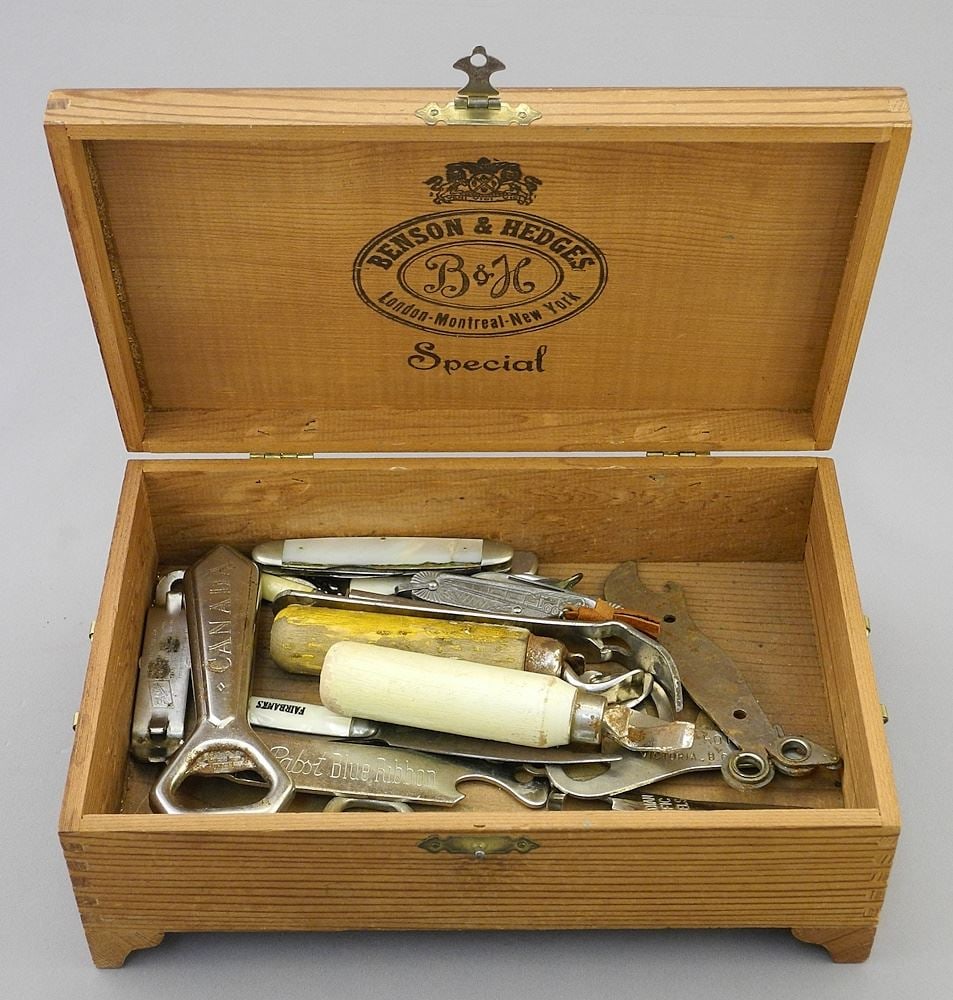 Collection of Canadian & Victoria Related Bottle Openers & Pocket Knives in Cigar Box. (1 of 2)