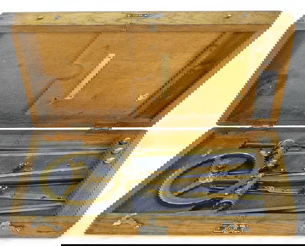 Russian Brass Protractor In Case, 2 5/8 X 15 5/8 X 8 3/8". Auction