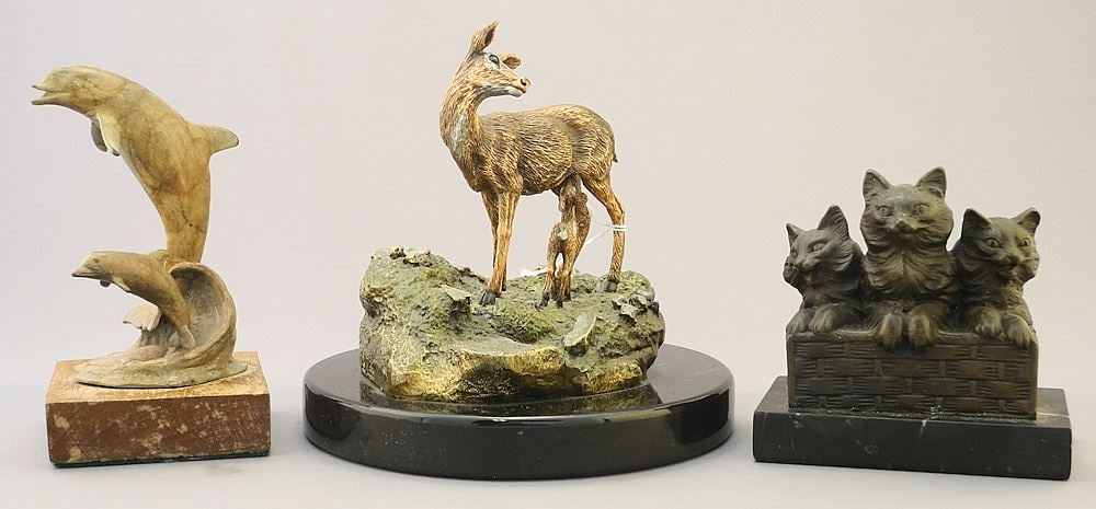 Cold Painted Bronze Sculpture signed Ron Lee, 6 1/8 x 6 1/2" Diam, "Bliss #39/950, & Dolphin & Kitte (1 of 3)