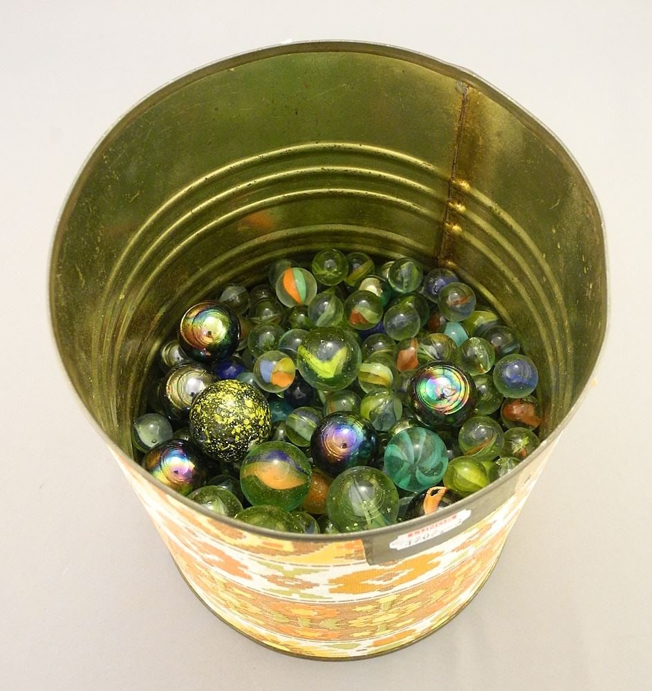 Tin of Marbles, 7"H.: Tin of Marbles, 7"H.