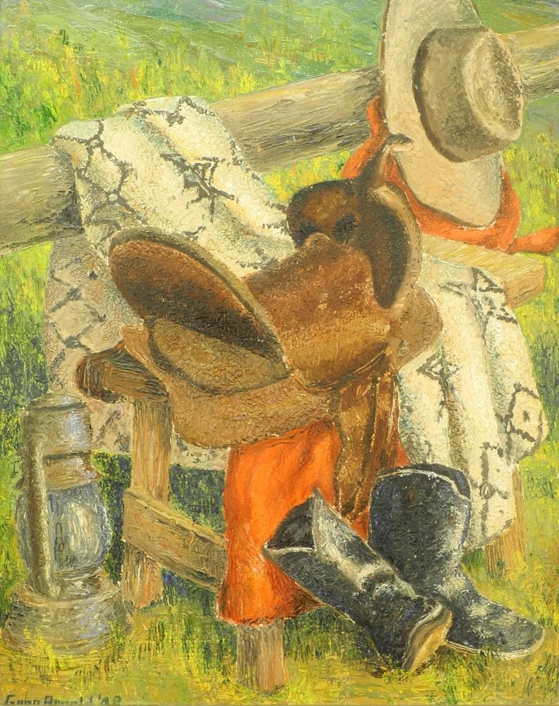 Oil on Fiber Board signed Greg Arnold '48, 29 1/2" x 23 1/2", "Saddle & Gear". (1 of 5)