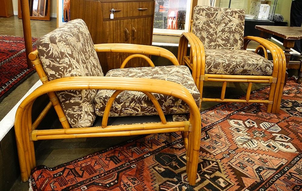 Pair of Rattan Arm Chairs with Toile Upholstery Depicting Monkeys. (1 of 3)